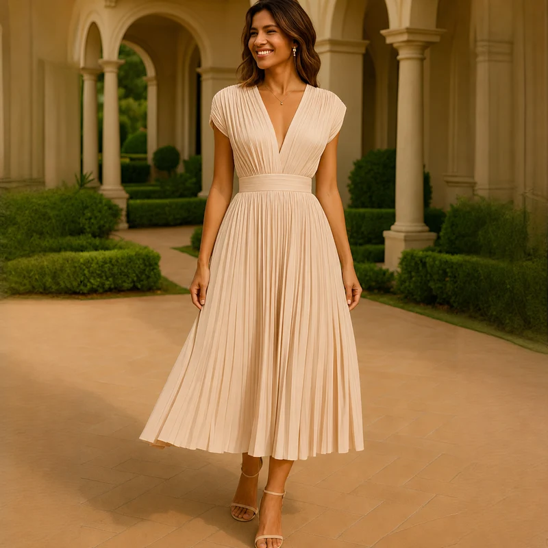 Elvira - Elegantes Midi-Kleid mit V-Ausschnitt und Falten