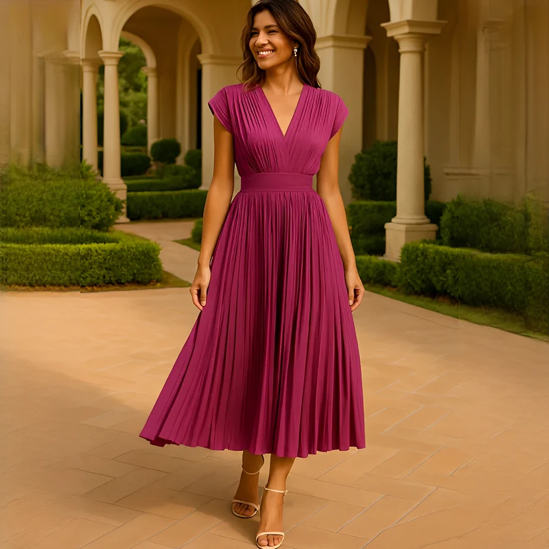 Elvira - Elegantes Midi-Kleid mit V-Ausschnitt und Falten