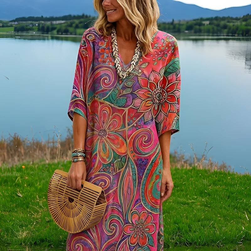 Amara - Intensivfarbenes Kleid mit Blumenmotiv