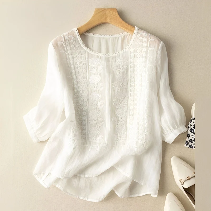Gretchen - Stilvolle bestickte Bluse mit 3/4-Ärmeln für Damen