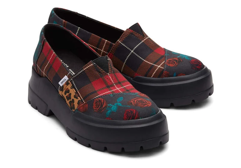 TOMS Damen-Combat-Halbschuh – Rotes Tartan-Patchwork