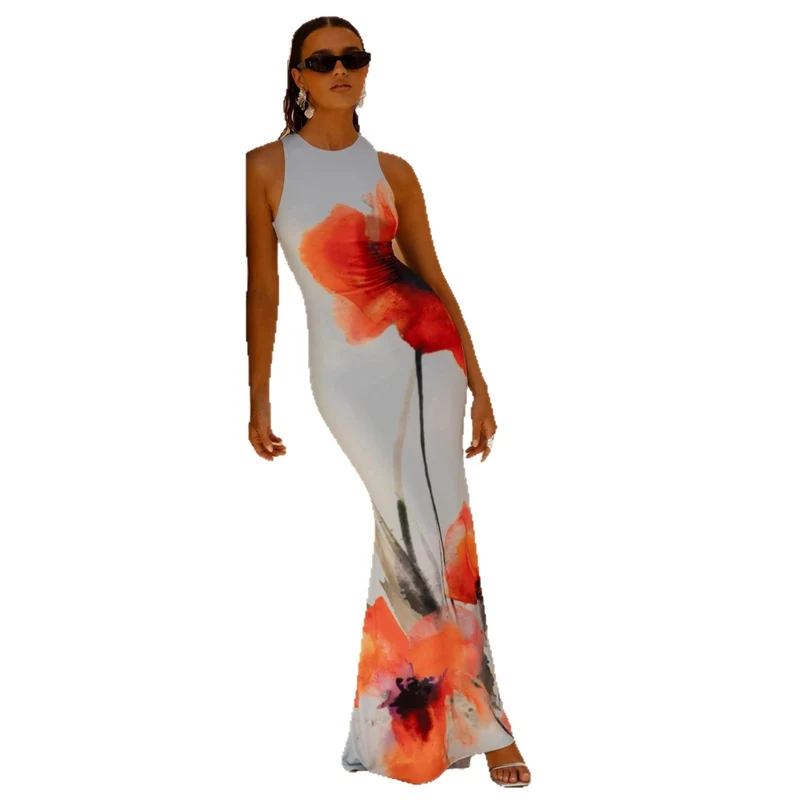 Nadège | Damen Florales Maxikleid Ärmellos Figurbetonend