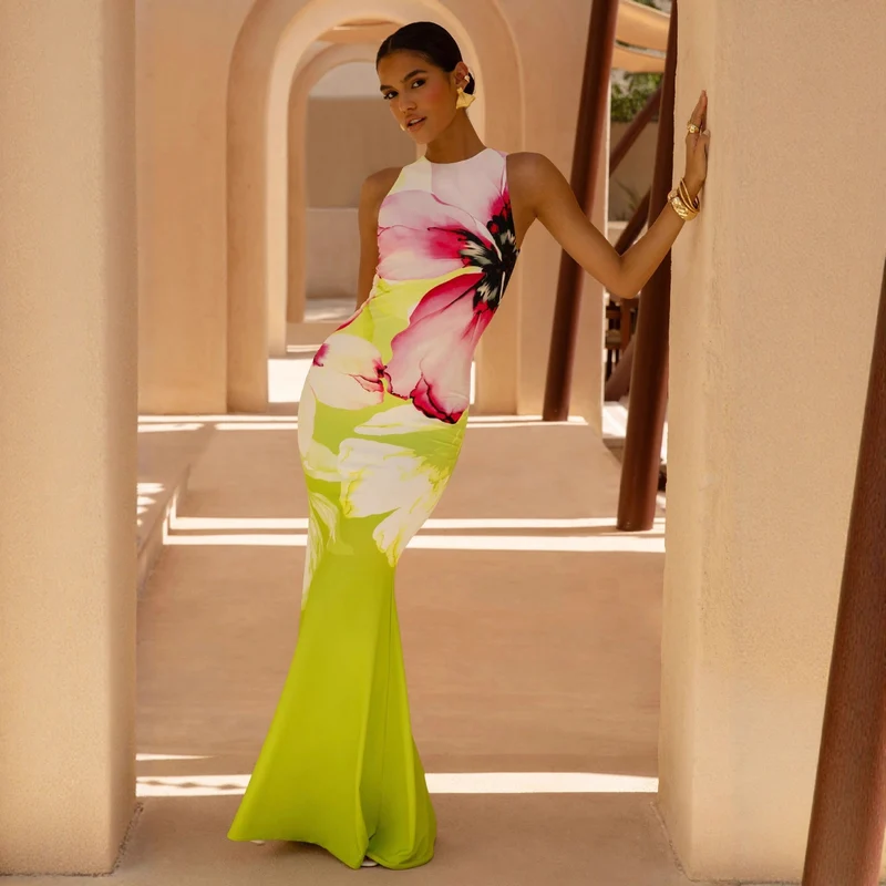Nadège | Damen Florales Maxikleid Ärmellos Figurbetonend