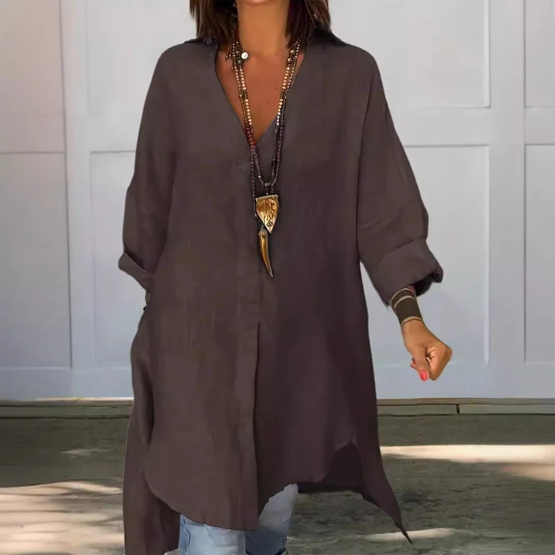 Sigrid | Damen Oversized Longbluse Hemdkragen Langarm