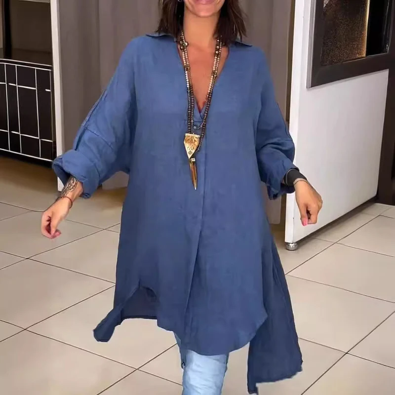 Sigrid | Damen Oversized Longbluse Hemdkragen Langarm