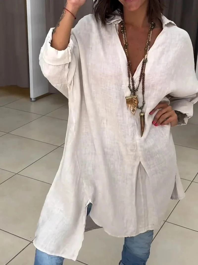 Sigrid | Damen Oversized Longbluse Hemdkragen Langarm