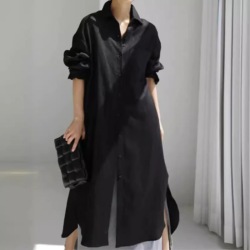 Karolin | Damen Langarm Hemdblusenkleid Midi