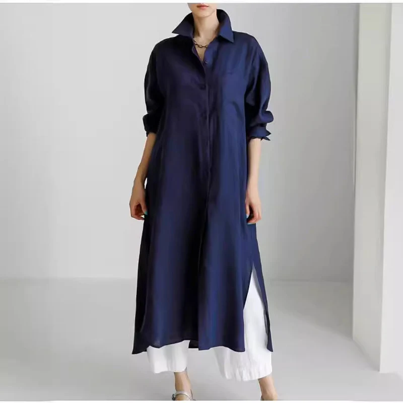 Karolin | Damen Langarm Hemdblusenkleid Midi