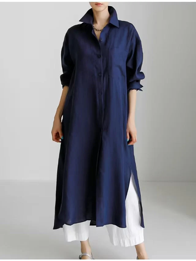 Karolin | Damen Langarm Hemdblusenkleid Midi