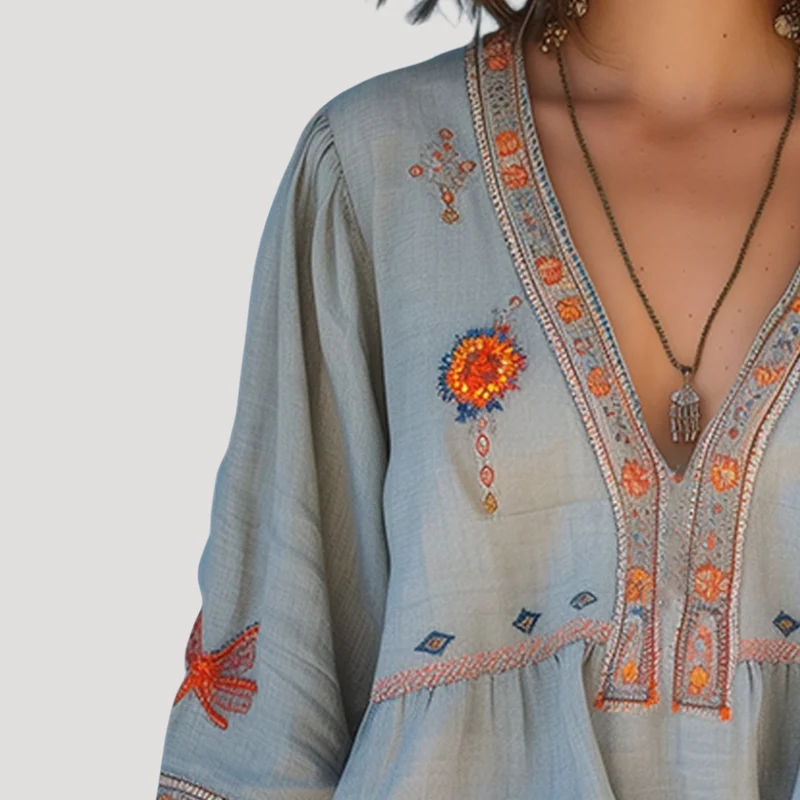 Tiziana | Damen Boho Bluse Bestickt V-Ausschnitt Langarm