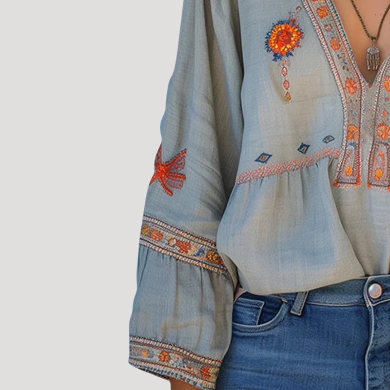 Tiziana | Damen Boho Bluse Bestickt V-Ausschnitt Langarm