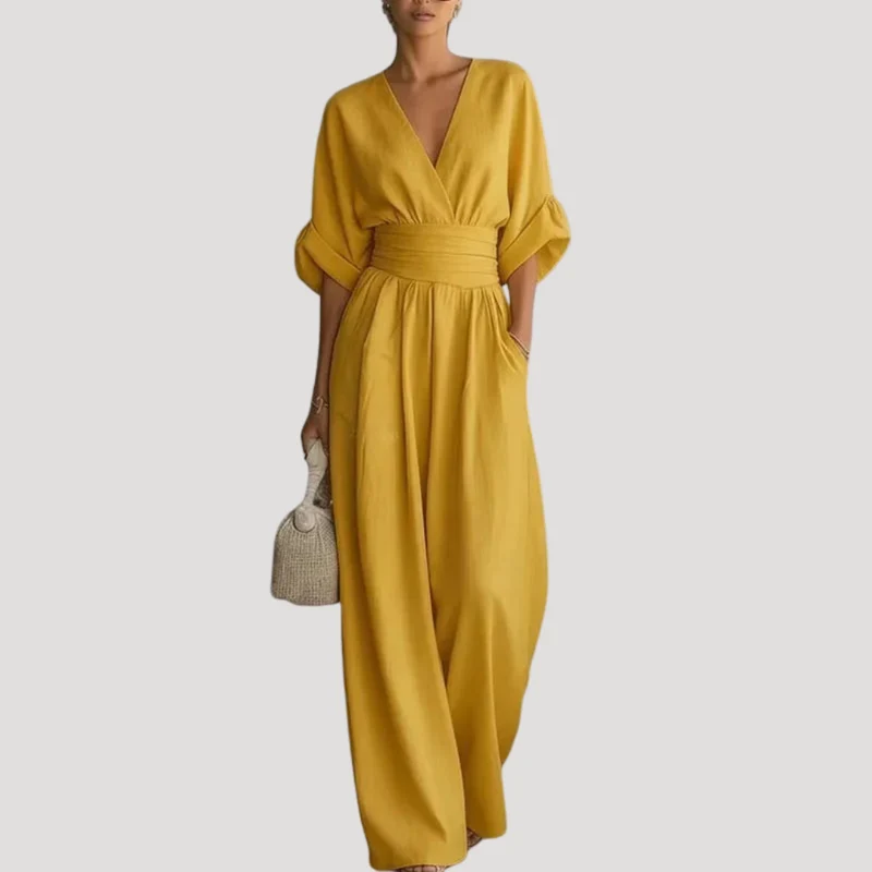 Reena | Damen Jumpsuit Weites Bein V-Ausschnitt Overall