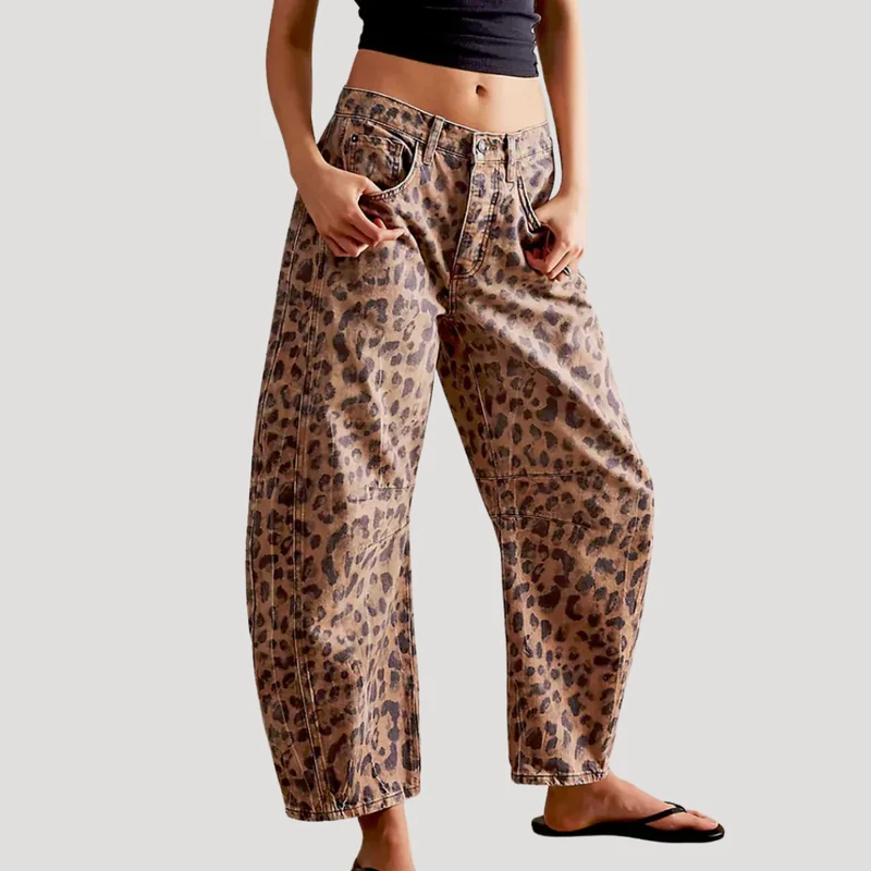 Saskia | Damen Weite Jeans Leopardenmuster Barrel Leg