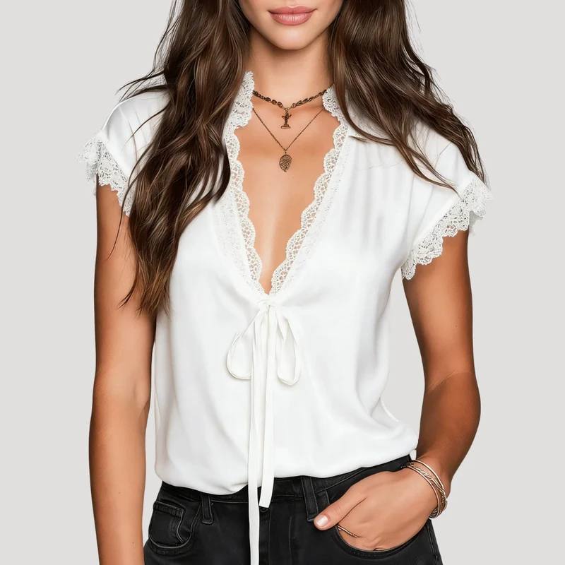 Viveka | Damen Spitzenbluse V-Ausschnitt mit Bindedetail