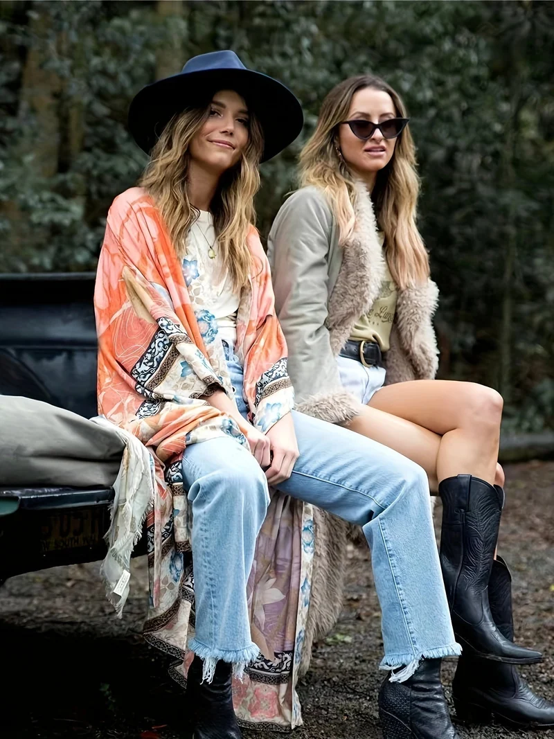Soraya | Damen Boho Kimono Blumenprint Maxi-Länge