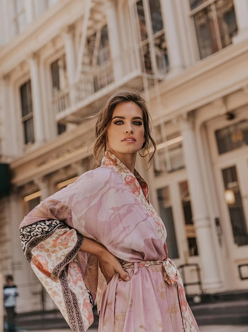Soraya | Damen Boho Kimono Blumenprint Maxi-Länge