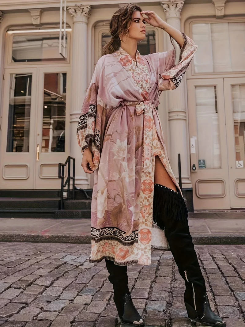 Soraya | Damen Boho Kimono Blumenprint Maxi-Länge