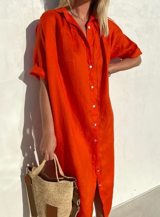 Wanda | Damen Kurzarm Hemdblusenkleid Midi