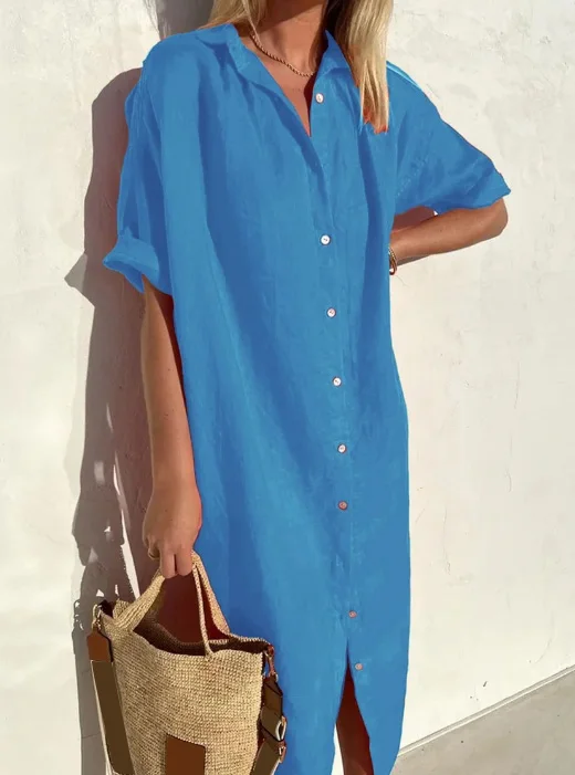 Wanda | Damen Kurzarm Hemdblusenkleid Midi