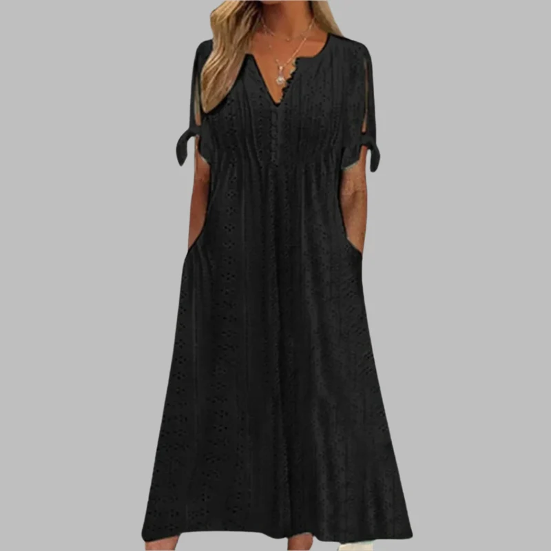 Anneke | Damen Lochstickerei V-Ausschnitt Midikleid