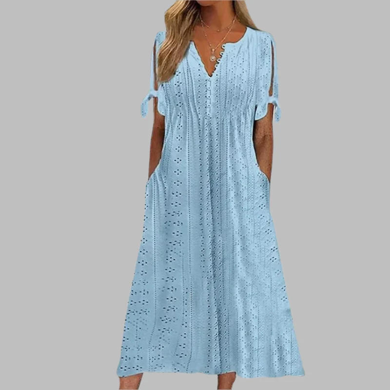 Anneke | Damen Lochstickerei V-Ausschnitt Midikleid