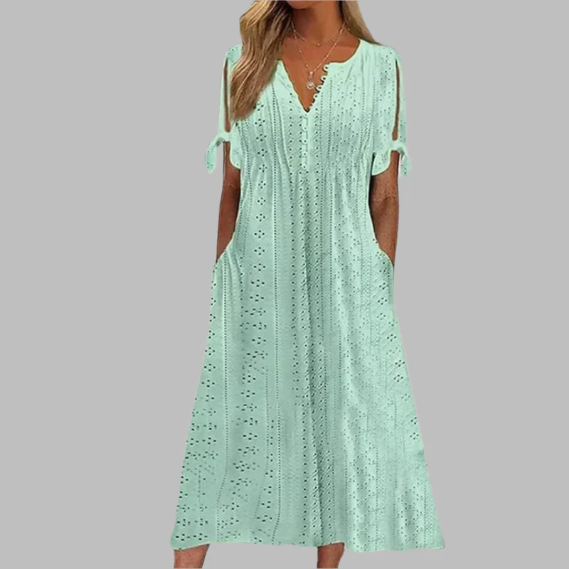 Anneke | Damen Lochstickerei V-Ausschnitt Midikleid