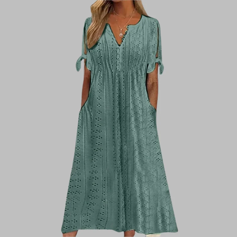 Anneke | Damen Lochstickerei V-Ausschnitt Midikleid