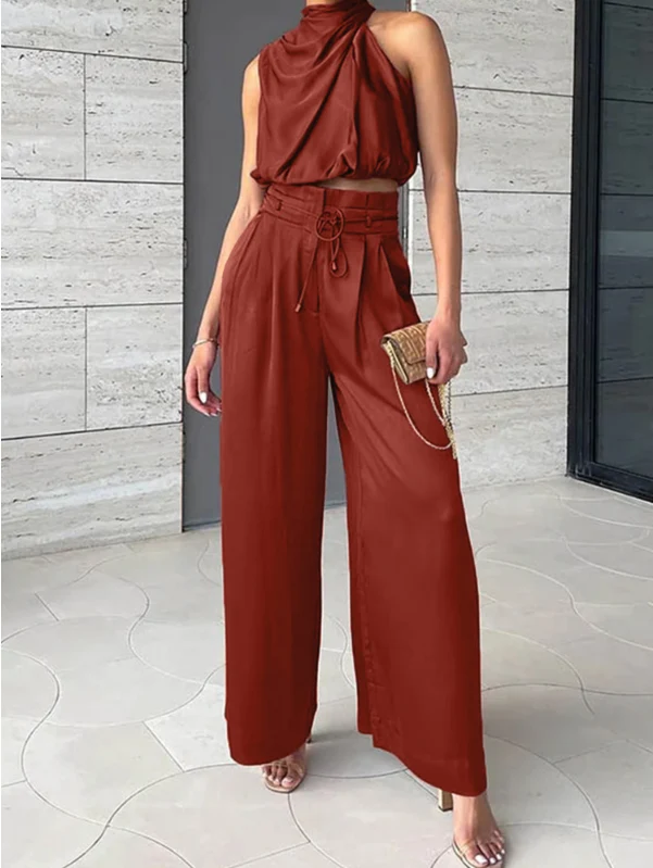 Leona | Damen Zweiteiler Neckholder Crop Top Weite Hose