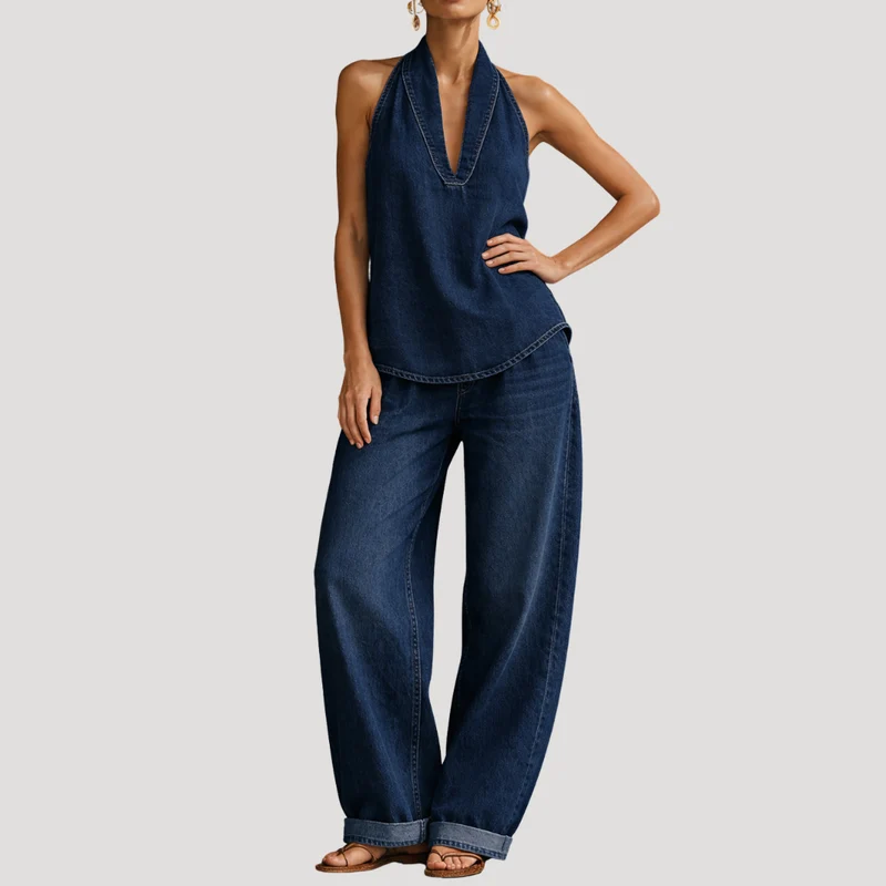 Meret | Damen Neckholder Zweiteiler Set Weite Hose