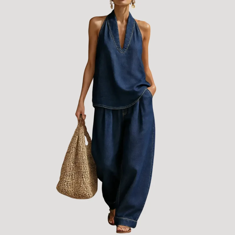 Meret | Damen Neckholder Zweiteiler Set Weite Hose