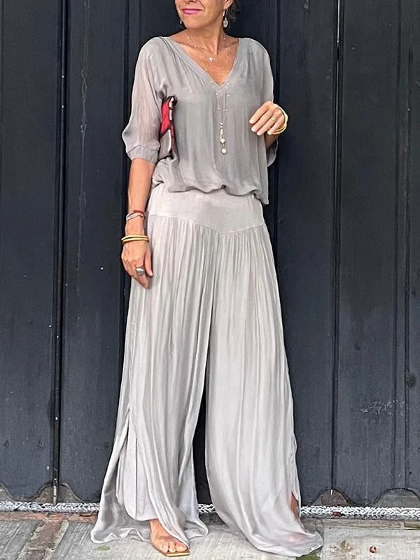 Saila | Damen Maxikleid V-Ausschnitt Fledermausärmel Unifarbe