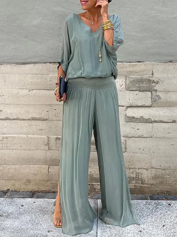 Saila | Damen Maxikleid V-Ausschnitt Fledermausärmel Unifarbe