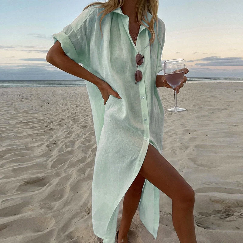 Leontine | Damen Hemdblusenkleid Knopfleiste Midi Strandkleid