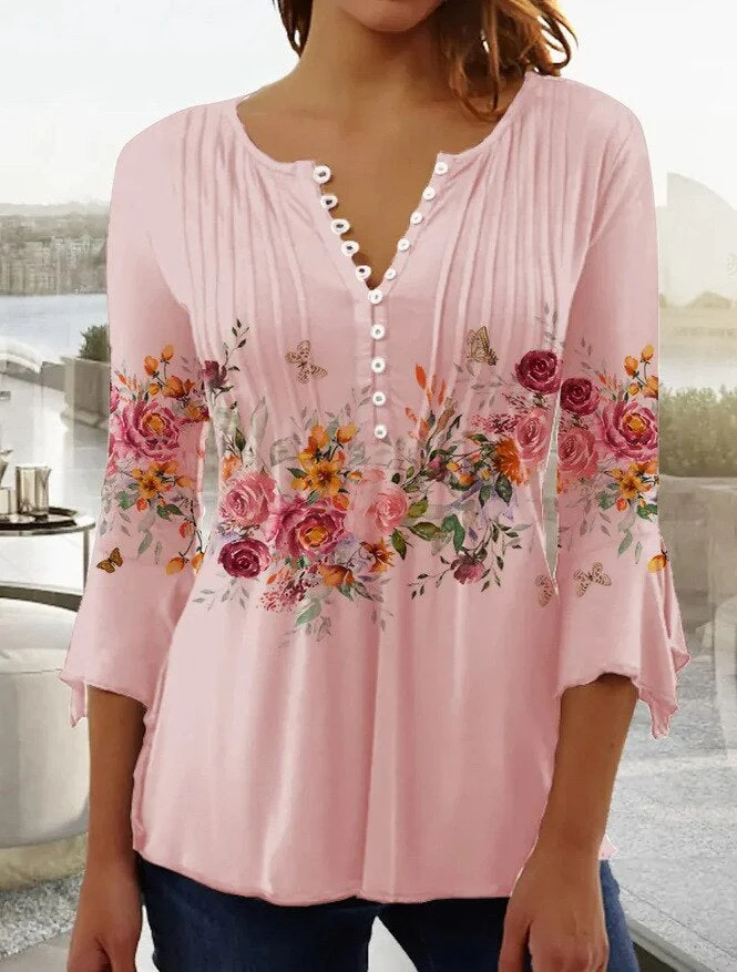 Almut | Damen Langarmbluse Blumenprint V-Ausschnitt