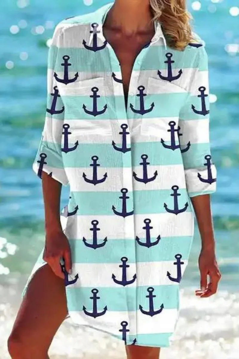 Cerena | Damen Strandbluse Hemdkragen Maritimer Print