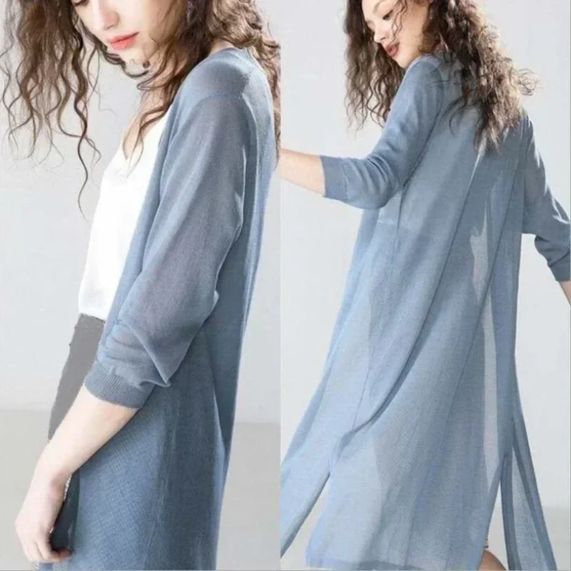 Elsbeth | Damen Langer Cardigan Offen Maxi Strickjacke