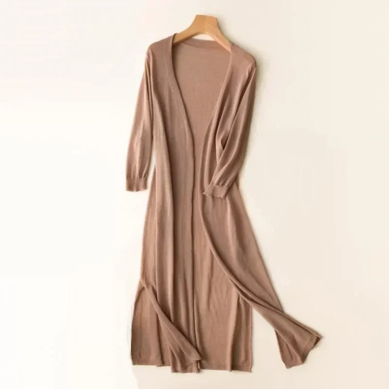 Elsbeth | Damen Langer Cardigan Offen Maxi Strickjacke