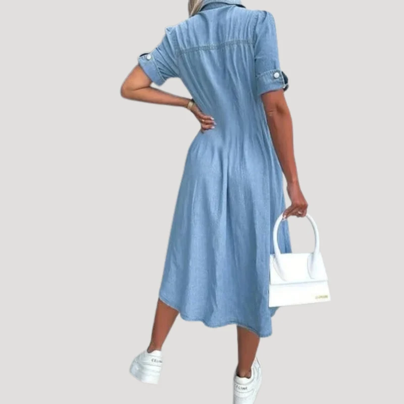 Nadja | Damen Kurzarm Jeanskleid Midi Hemdblusenkleid