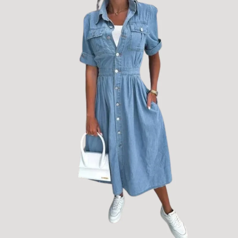 Nadja | Damen Kurzarm Jeanskleid Midi Hemdblusenkleid