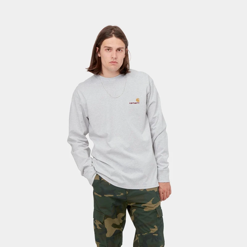 Carhartt WIP Herren American Script Langarm-T-Shirt – Aschgrau meliert