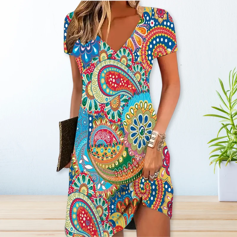 Ilonka | Damen Blumenkleid V-Ausschnitt Kurzarm Sommerkleid