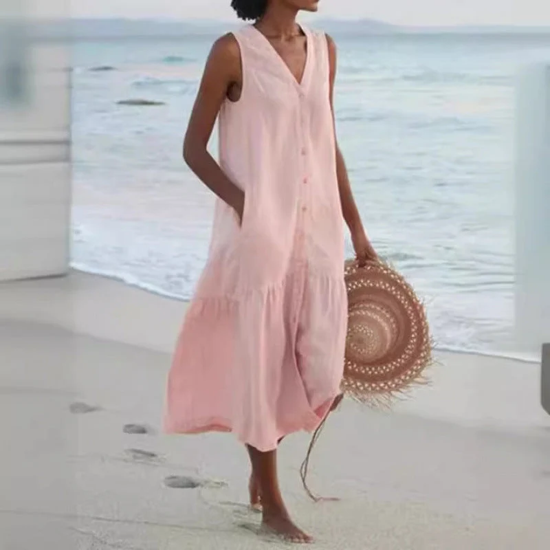 Annelie | Damen Ärmelloses Midikleid V-Ausschnitt Knopfleiste