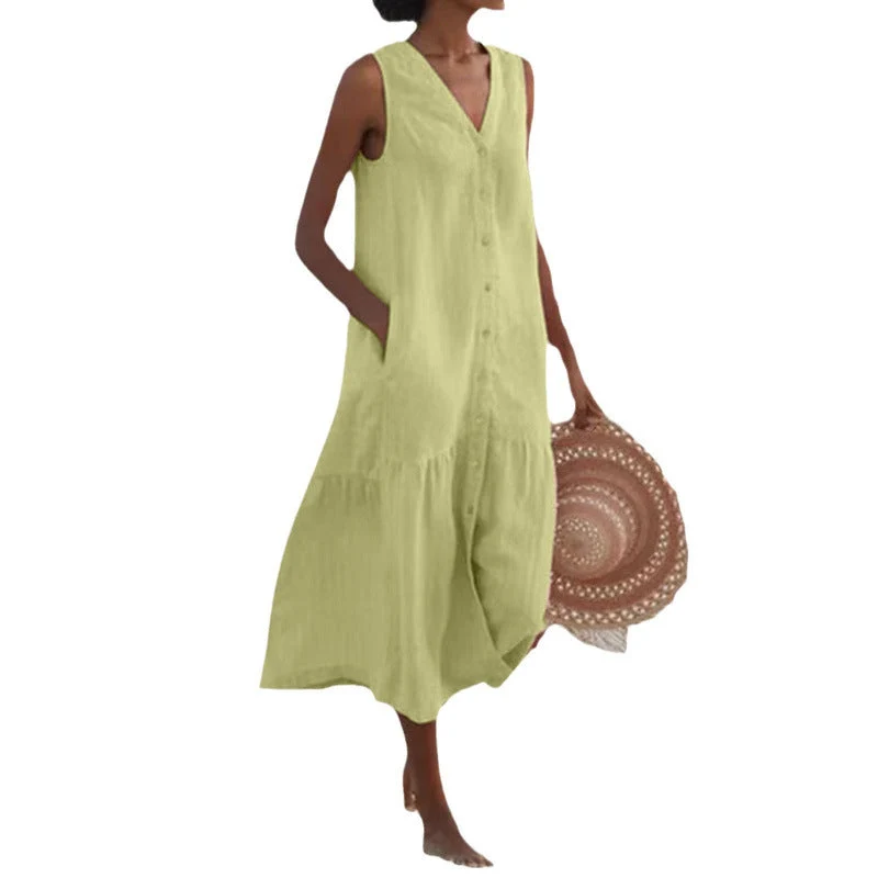 Annelie | Damen Ärmelloses Midikleid V-Ausschnitt Knopfleiste