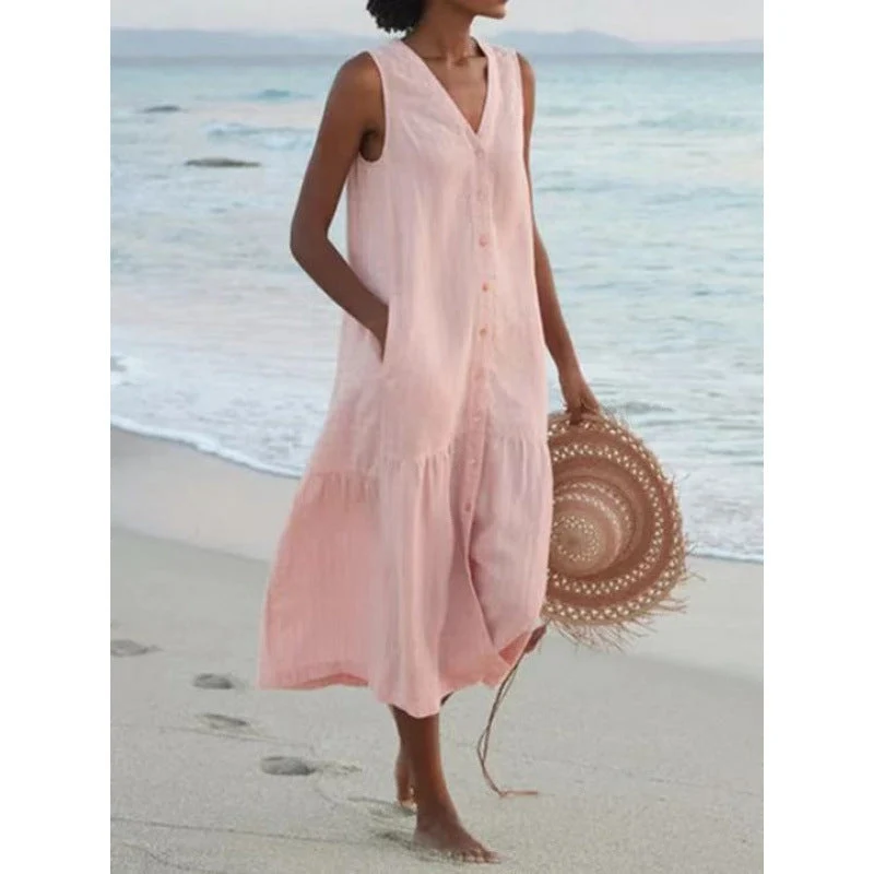 Annelie | Damen Ärmelloses Midikleid V-Ausschnitt Knopfleiste