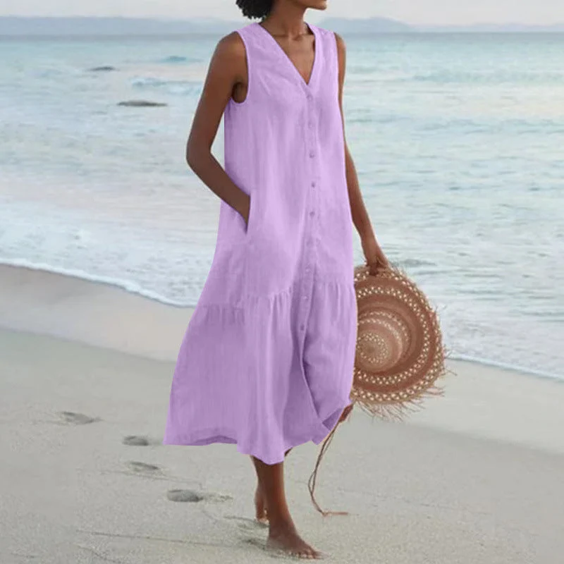 Annelie | Damen Ärmelloses Midikleid V-Ausschnitt Knopfleiste