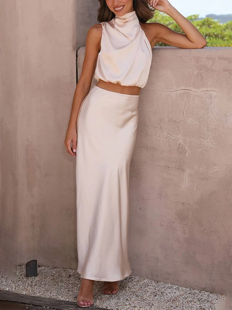 Tindra | Damen Neckholder Zweiteiler Crop Top Maxirock