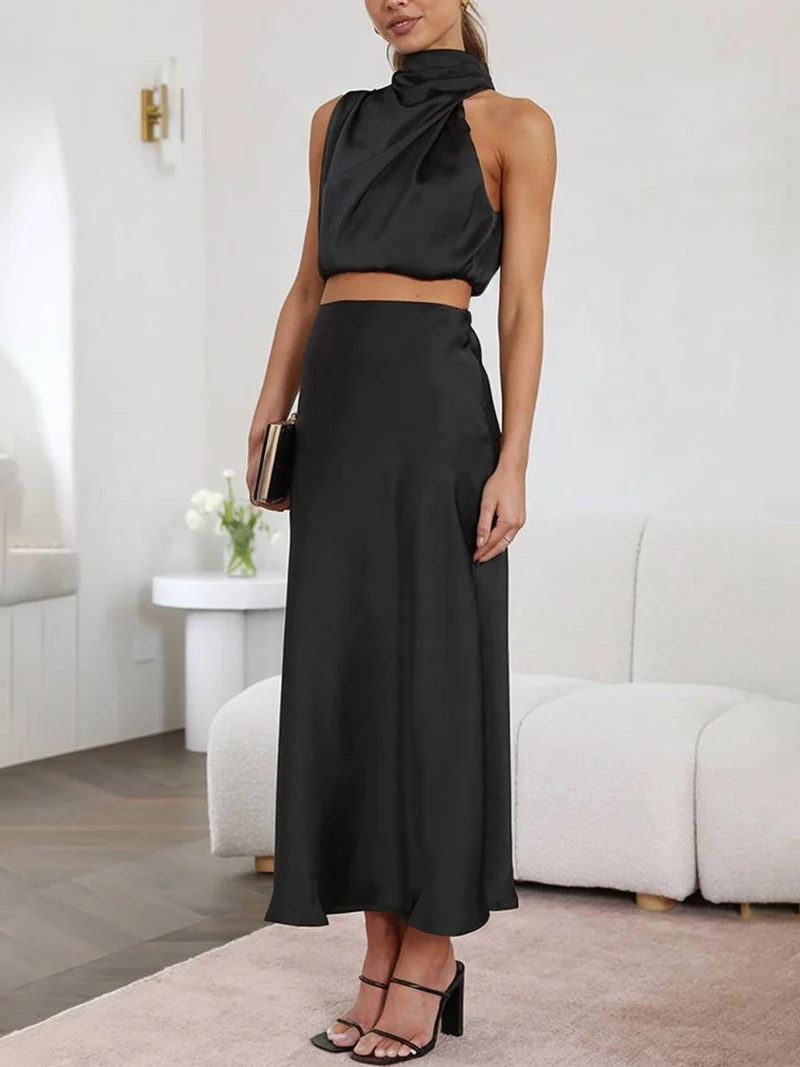 Tindra | Damen Neckholder Zweiteiler Crop Top Maxirock