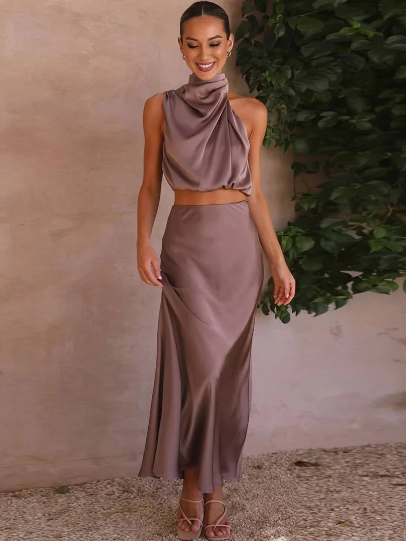 Tindra | Damen Neckholder Zweiteiler Crop Top Maxirock