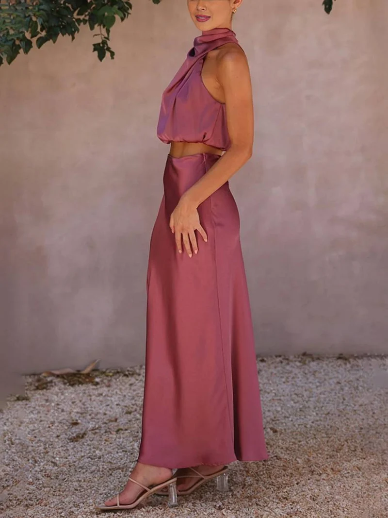 Tindra | Damen Neckholder Zweiteiler Crop Top Maxirock