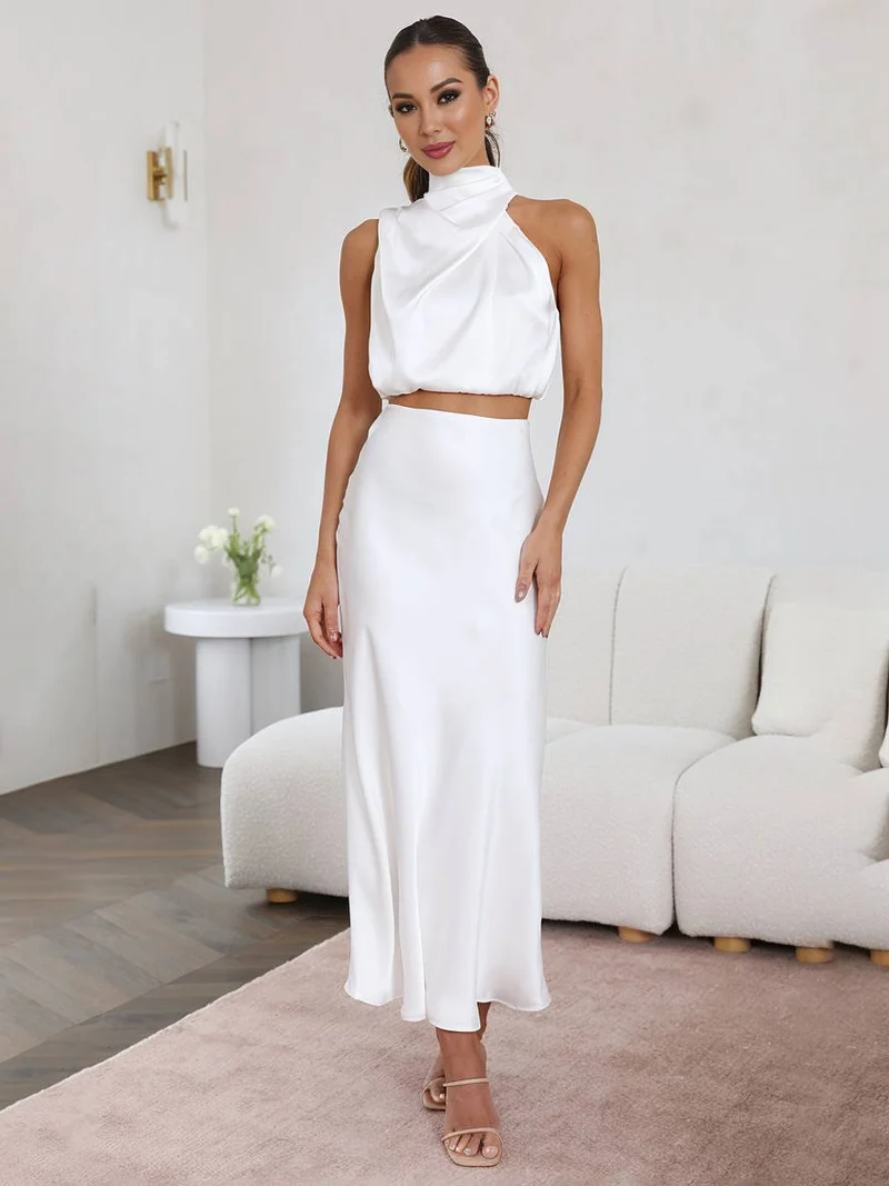 Tindra | Damen Neckholder Zweiteiler Crop Top Maxirock